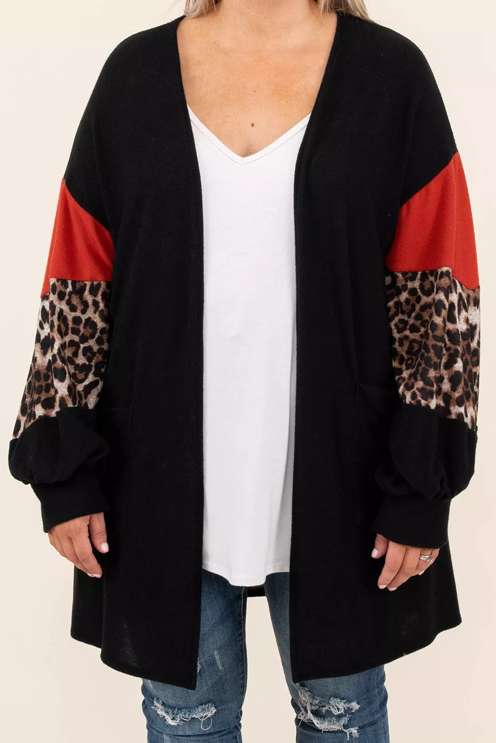 Black Leopard Color Block Sleeve Plus Size Cardigan