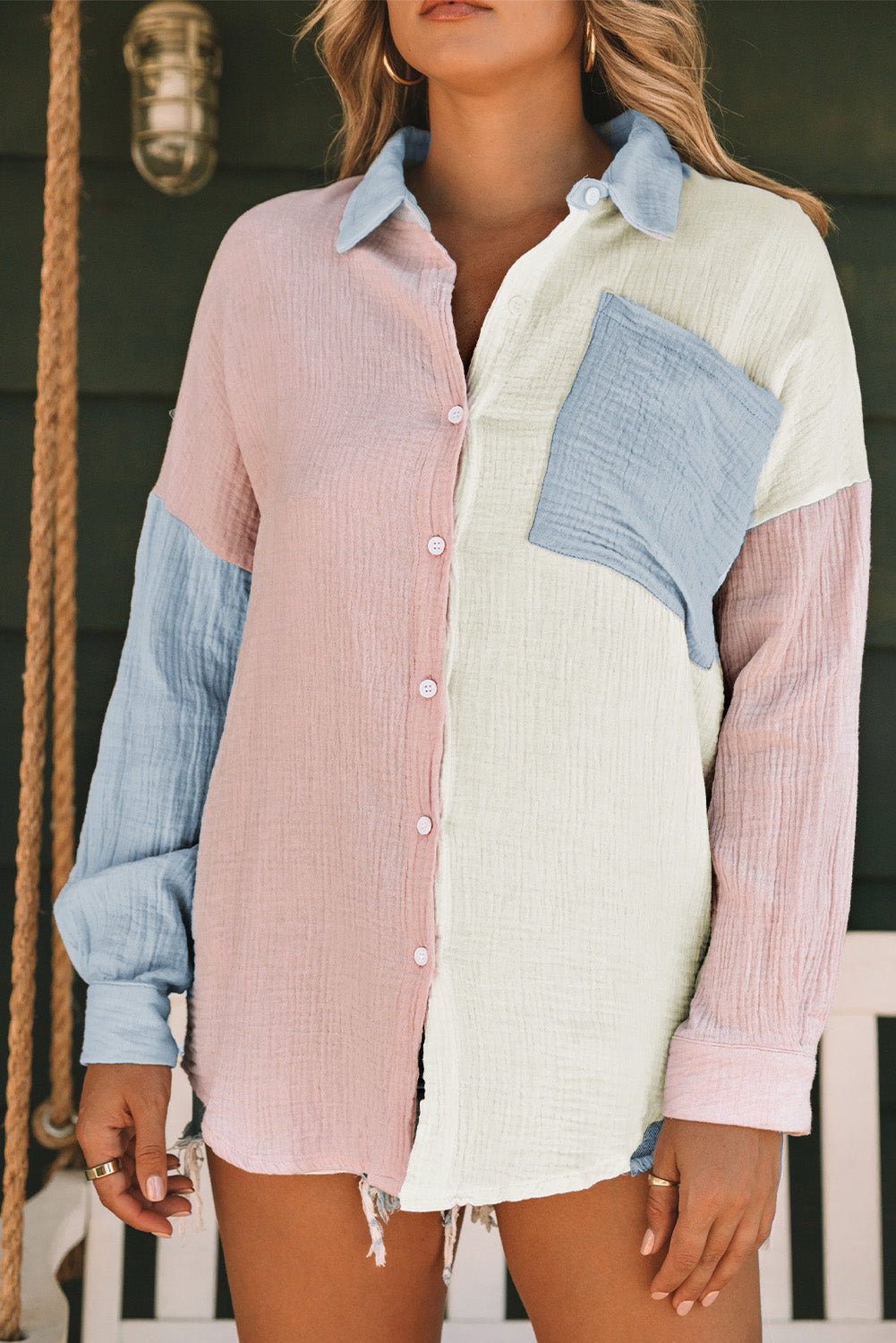 Colorblock Crinkled Pocketed Shirt