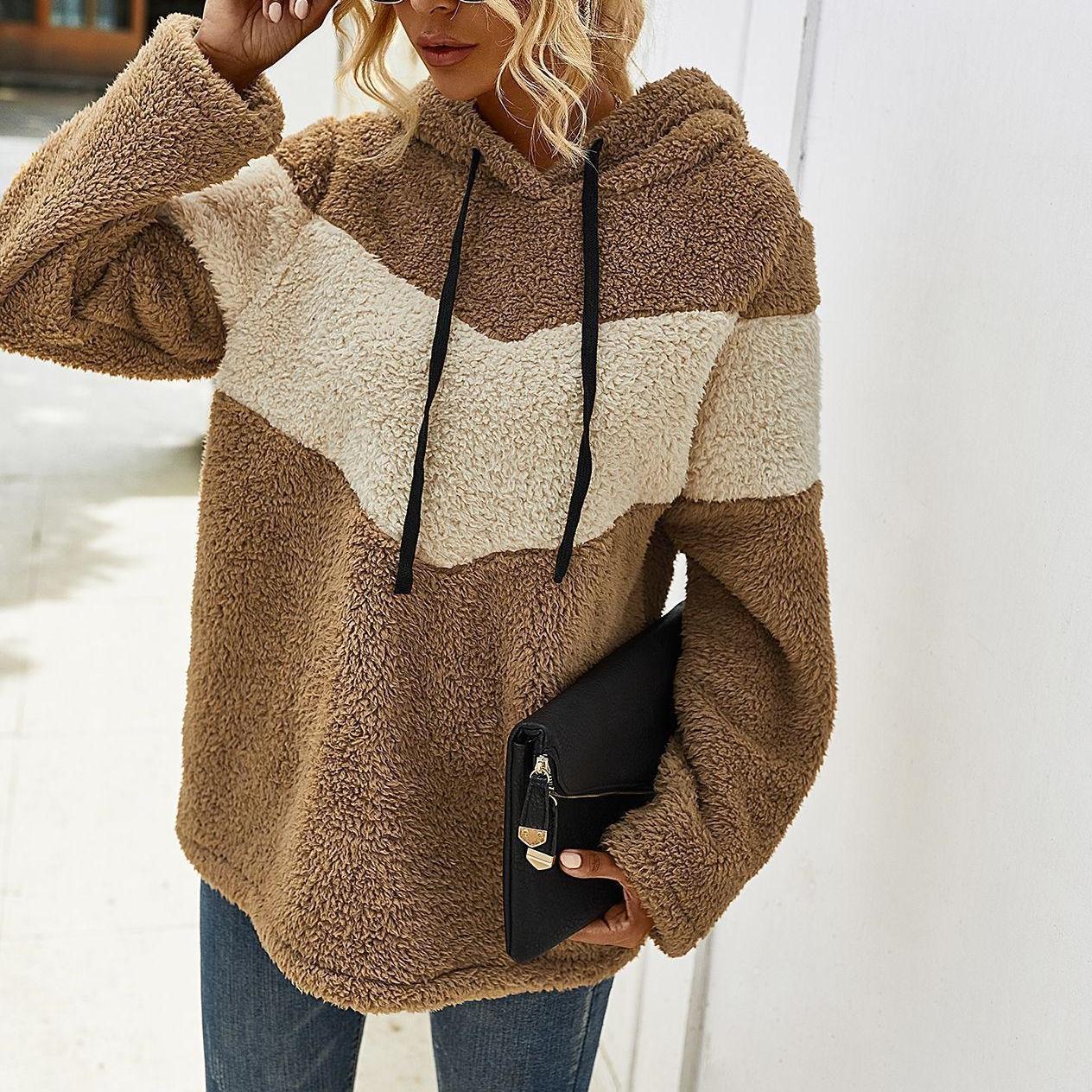 Autumn and winter hooded thickening color blocking sweater