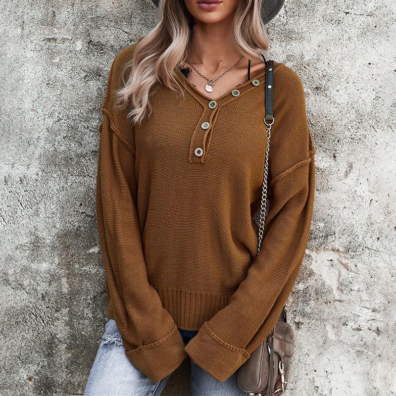 Fall and winter temperament commuter solid color V-neck long-sleeved single-breasted sweater