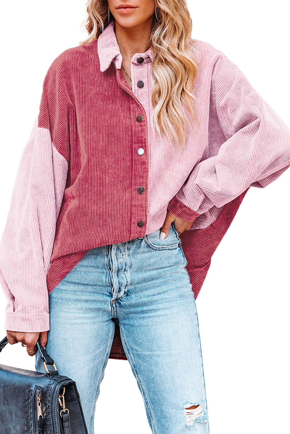 Drop Shoulder Colorblock Corduroy Shacket