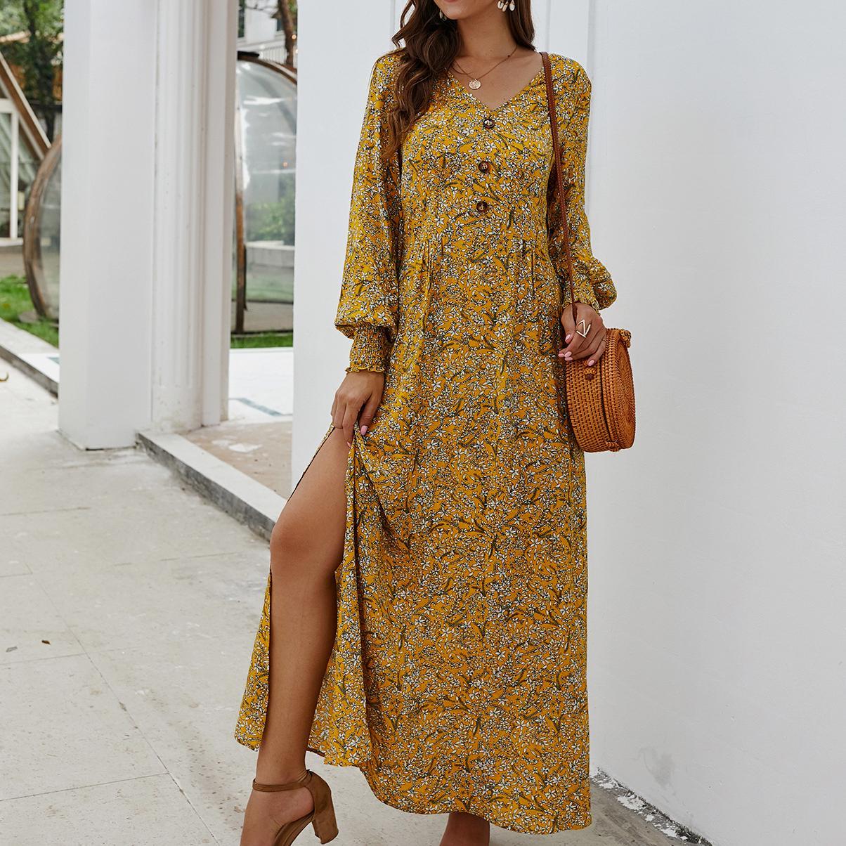 Autumn and winter long-sleeved V-neck floral dress