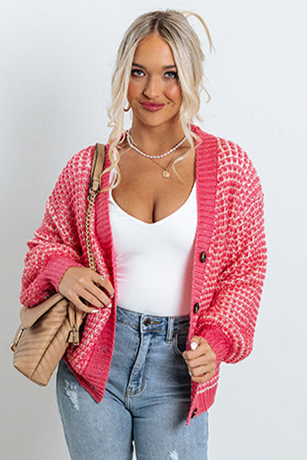 Pink V Neck Buttons Knit Cardigan