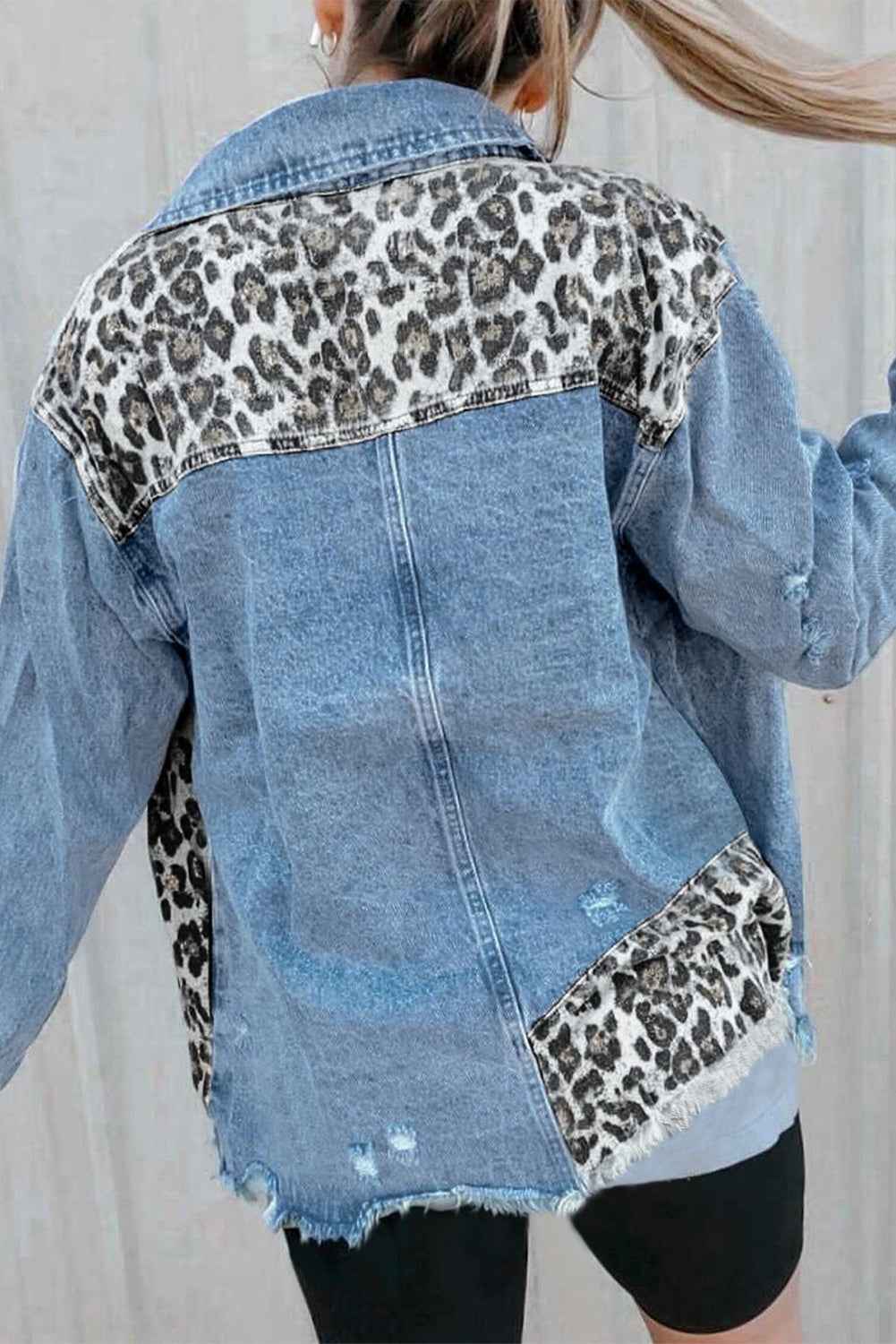 Sky Blue Leopard Contrast Splice Denim Jacket