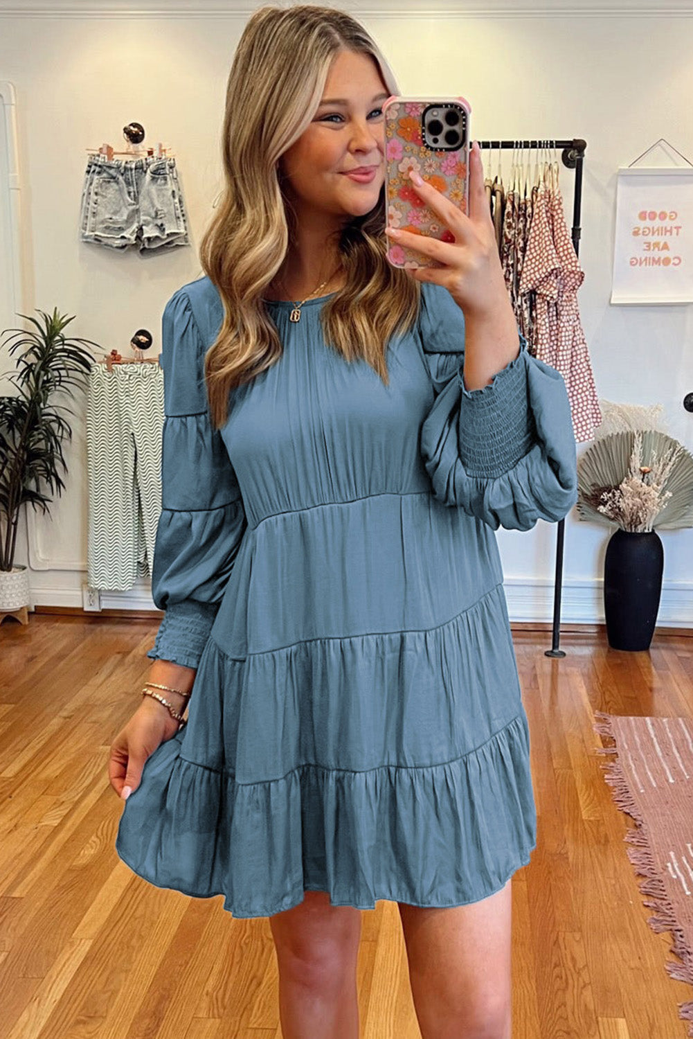 Sky Blue Shirring Tiered Flowy Babydoll Dress