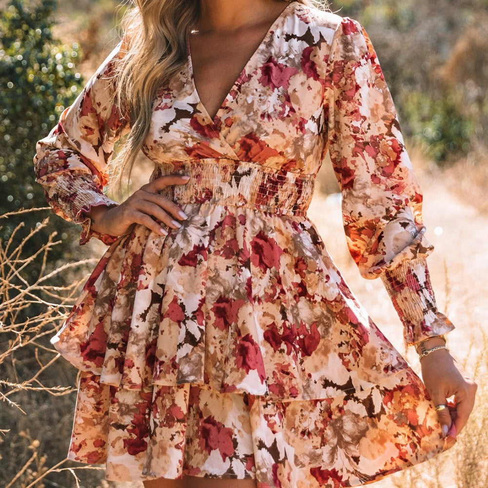 Floral Print V Neck Wrap Tiered Dress