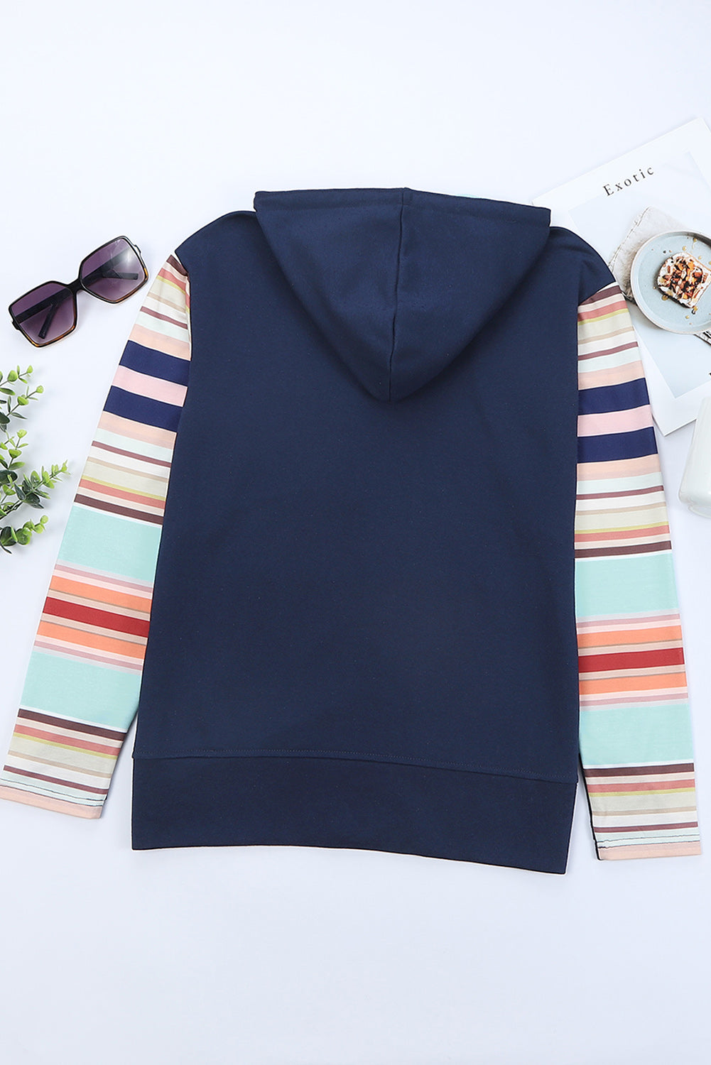 Striped Color Block Thumbhole Sleeve Full Zip Hoodie