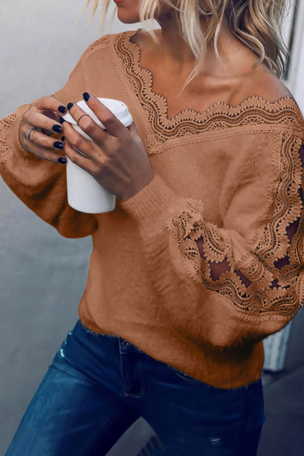 Lace Splicing V Neck Pullover Sweate