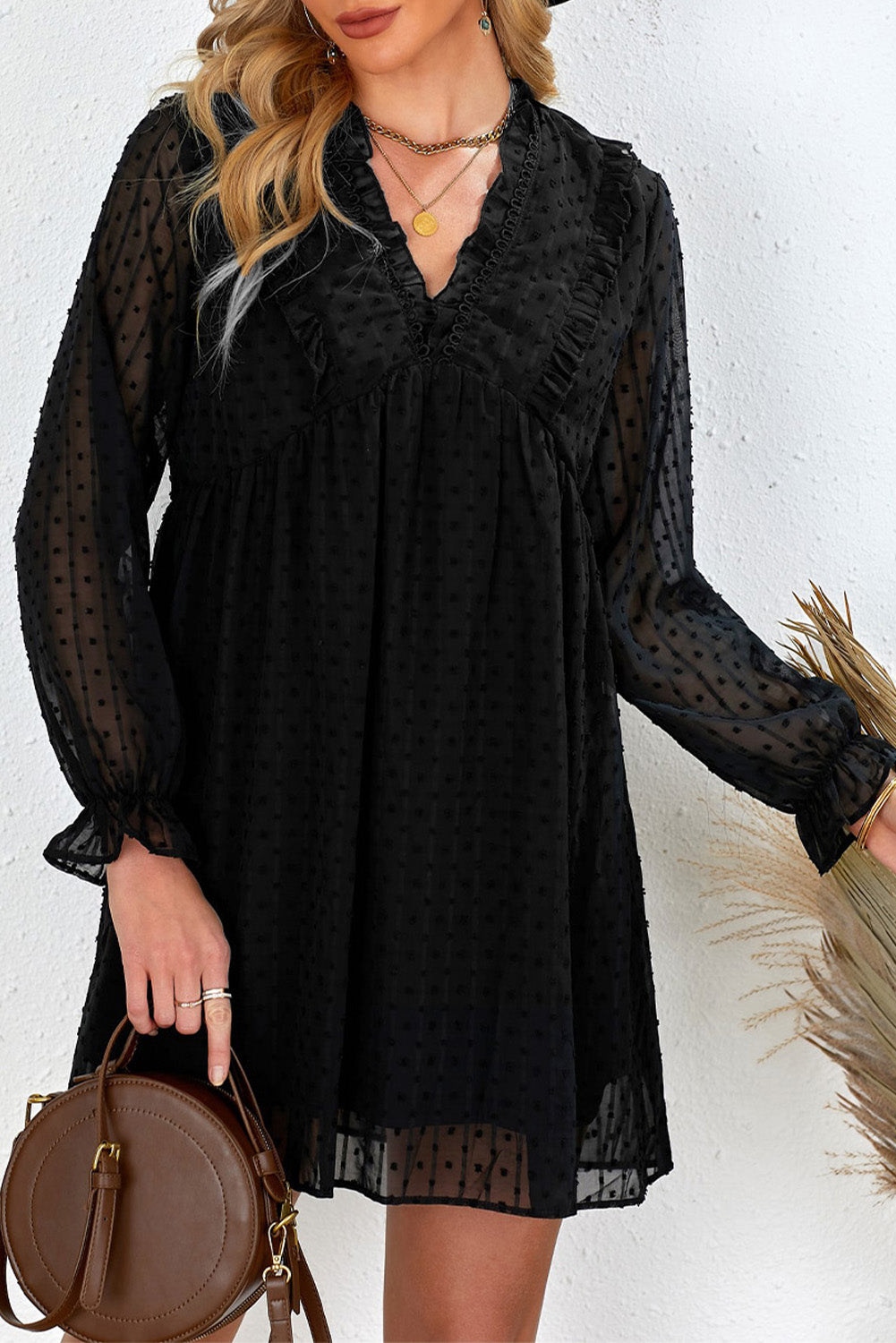 Swiss Dot Ruffle V Neck Mini Dress