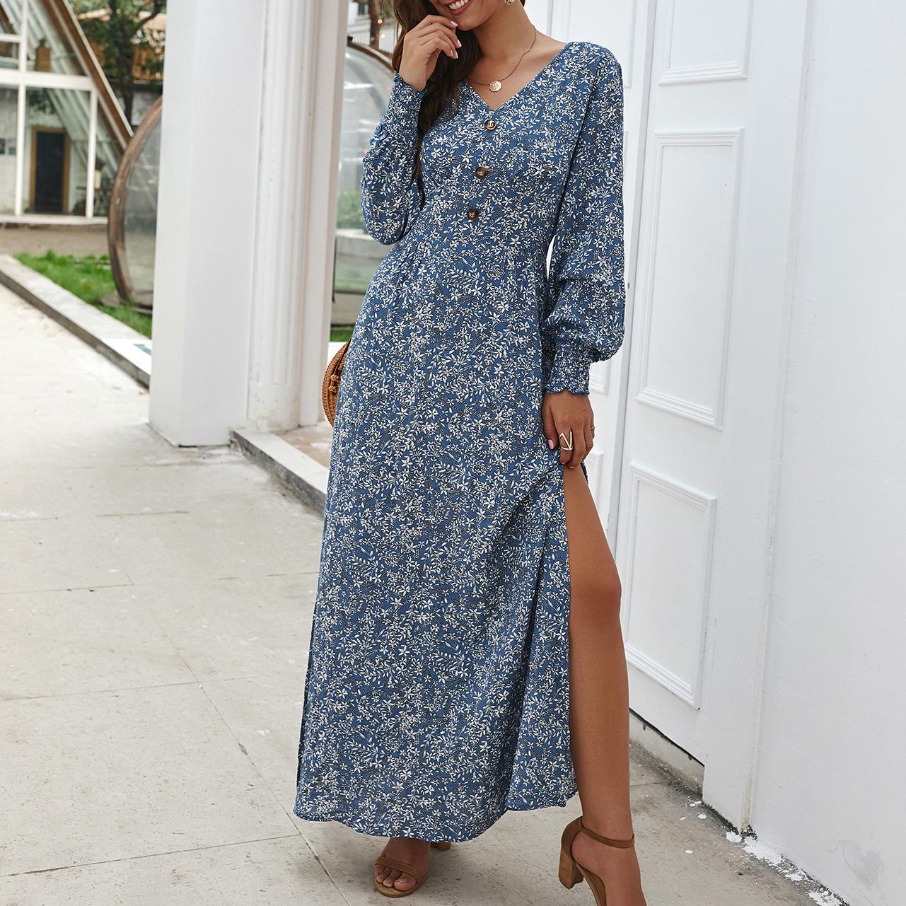 Autumn and winter long-sleeved V-neck floral dress