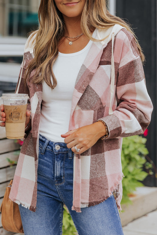 Pink Blush Plaid Hooded Flannel Shacket