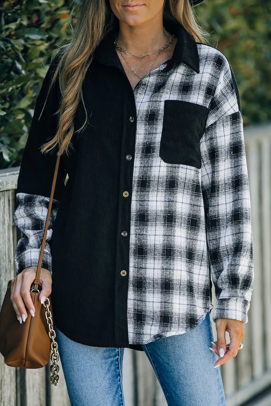 Plaid Color Block Button-up Oversize Corduroy Shirt