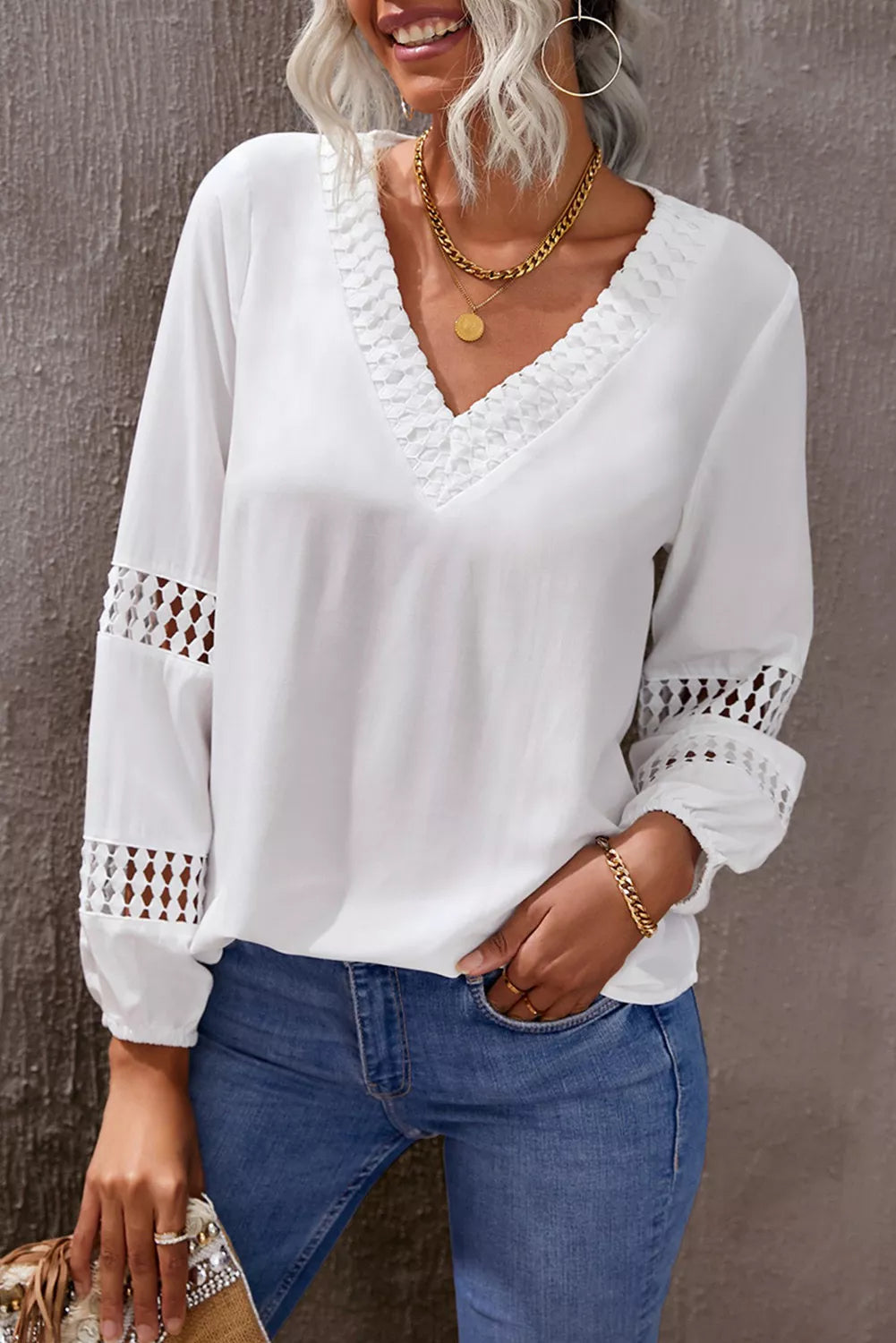 Deep V Neck Crochet Hollow-out Blouse