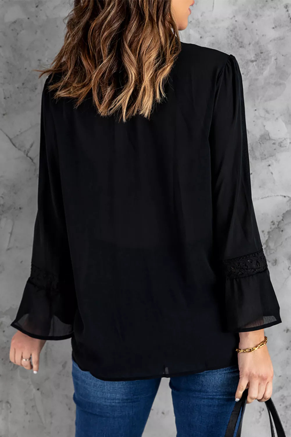 Lace Ruffed Long Sleeve V Neck Shirt