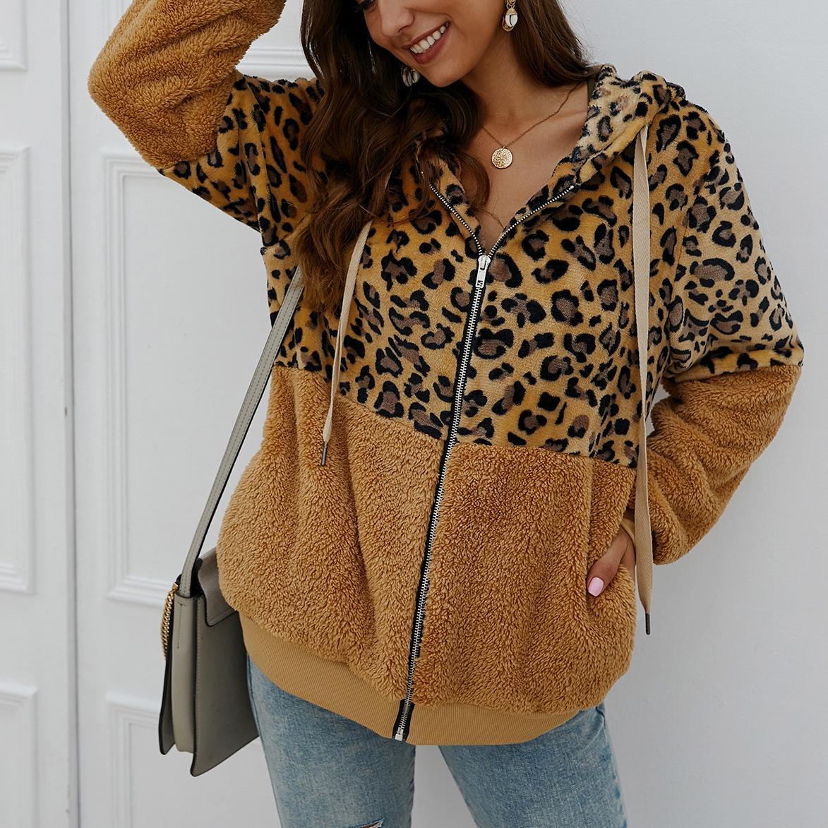Winter leopard print patchwork hooded sweatshirt