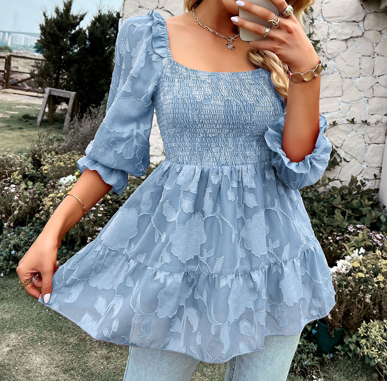 French square collar peplum top
