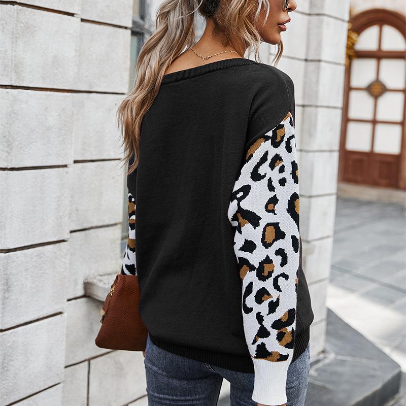 Autumn and winter fashion collision color stitching leopard sweater