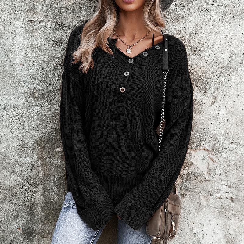 Fall and winter temperament commuter solid color V-neck long-sleeved single-breasted sweater