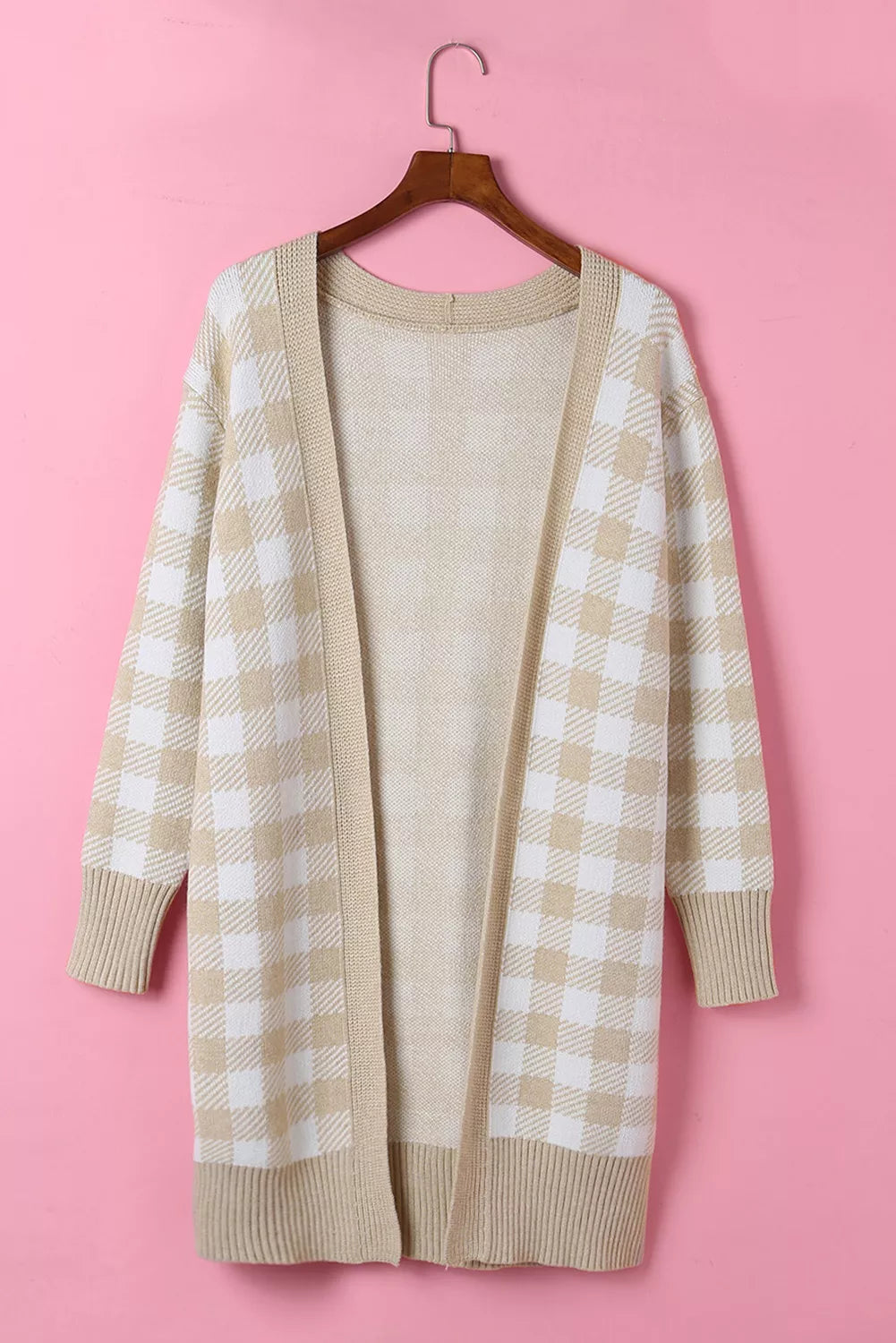 Open Front Plaid Long Cardigan