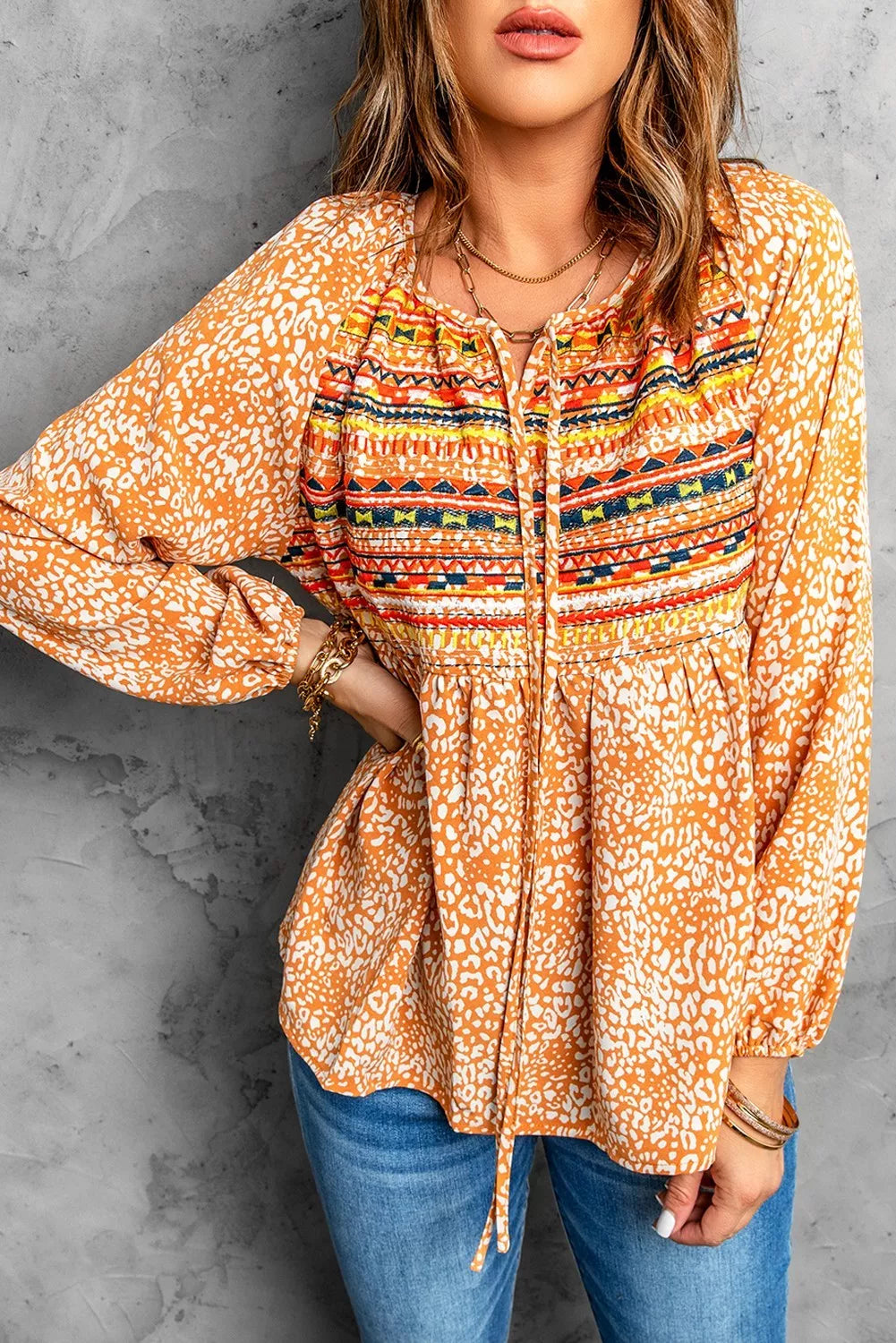 Leopard Patch Drawstring Long Puff Sleeve Blouse