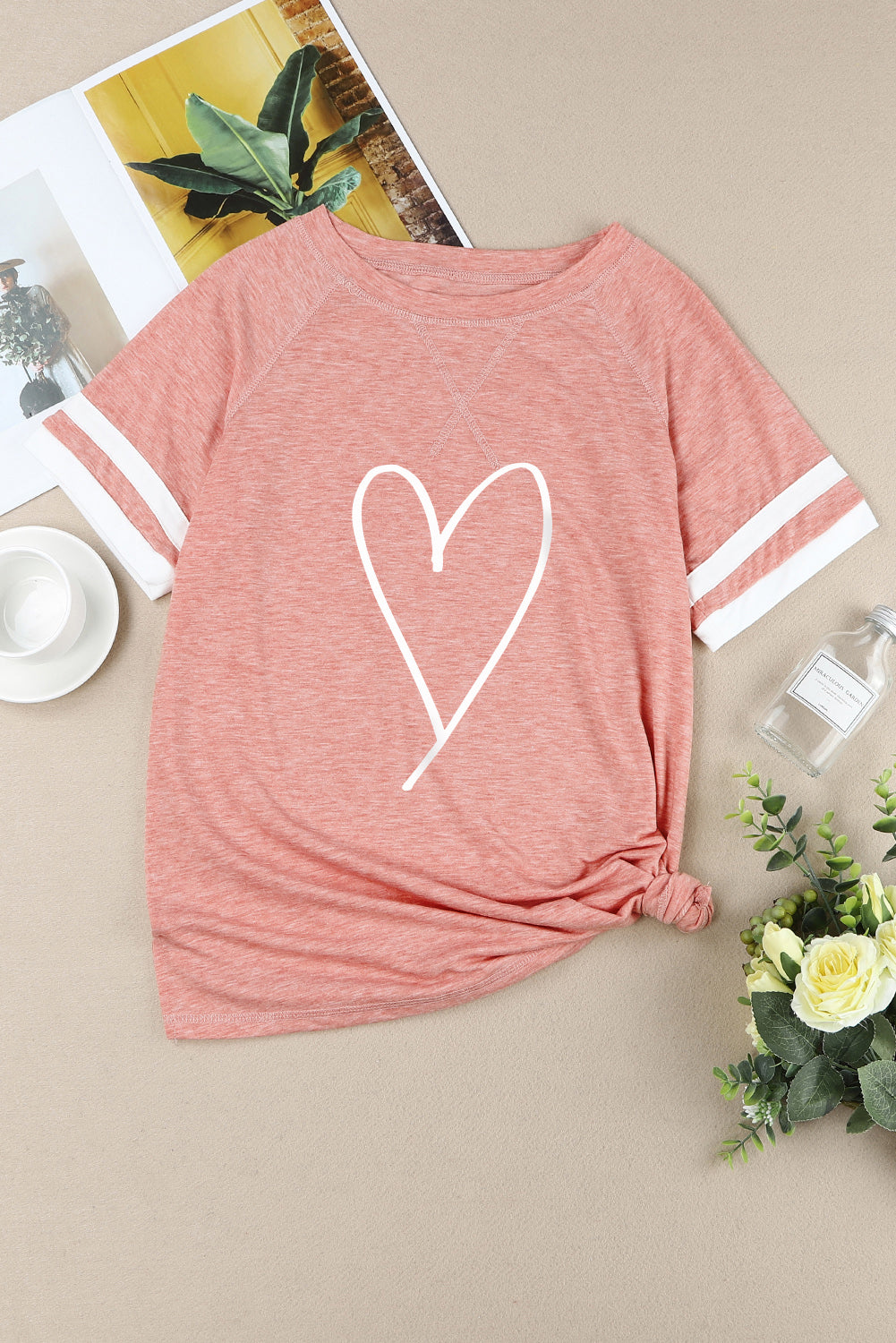 Pink Sketch Heart Print Striped Short Sleeve Tee