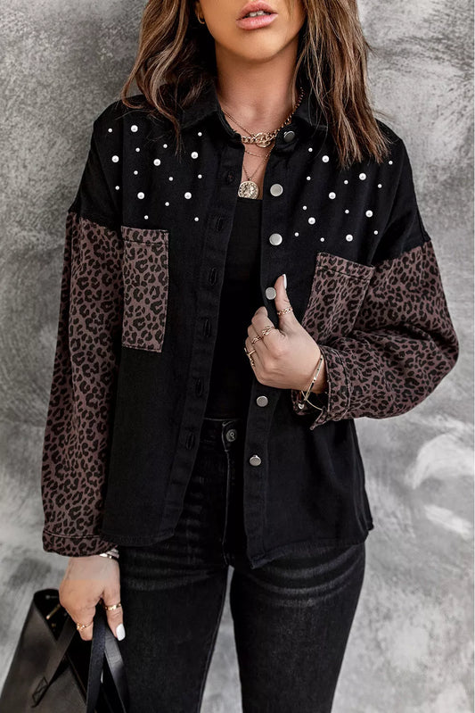Leopard Patchwork Beaded Chest Pockets Denim Jacket