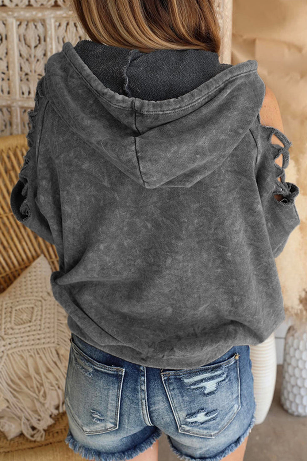 Cut Out Retro Kangaroo Pocketed Pullover Hoodie