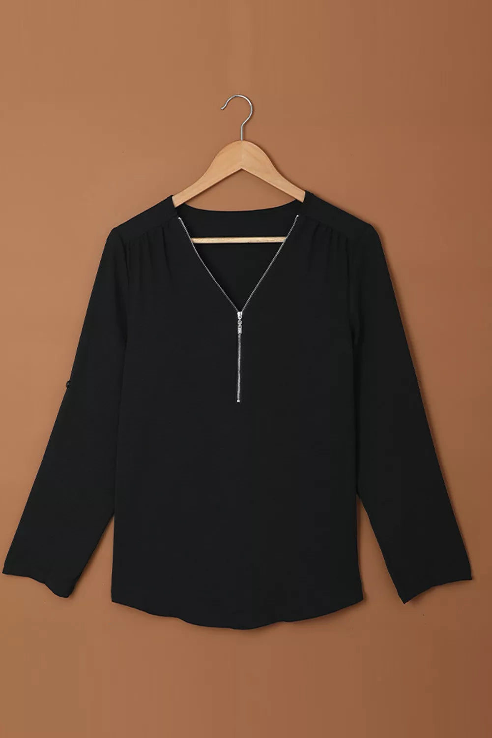 Casual V Neck Zip up Half Sleeve Blouse