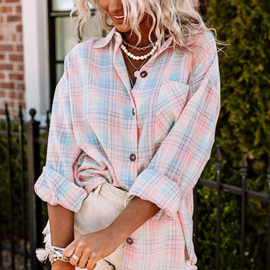 Collared Neckline Plaid Pattern Long Sleeve Shirt