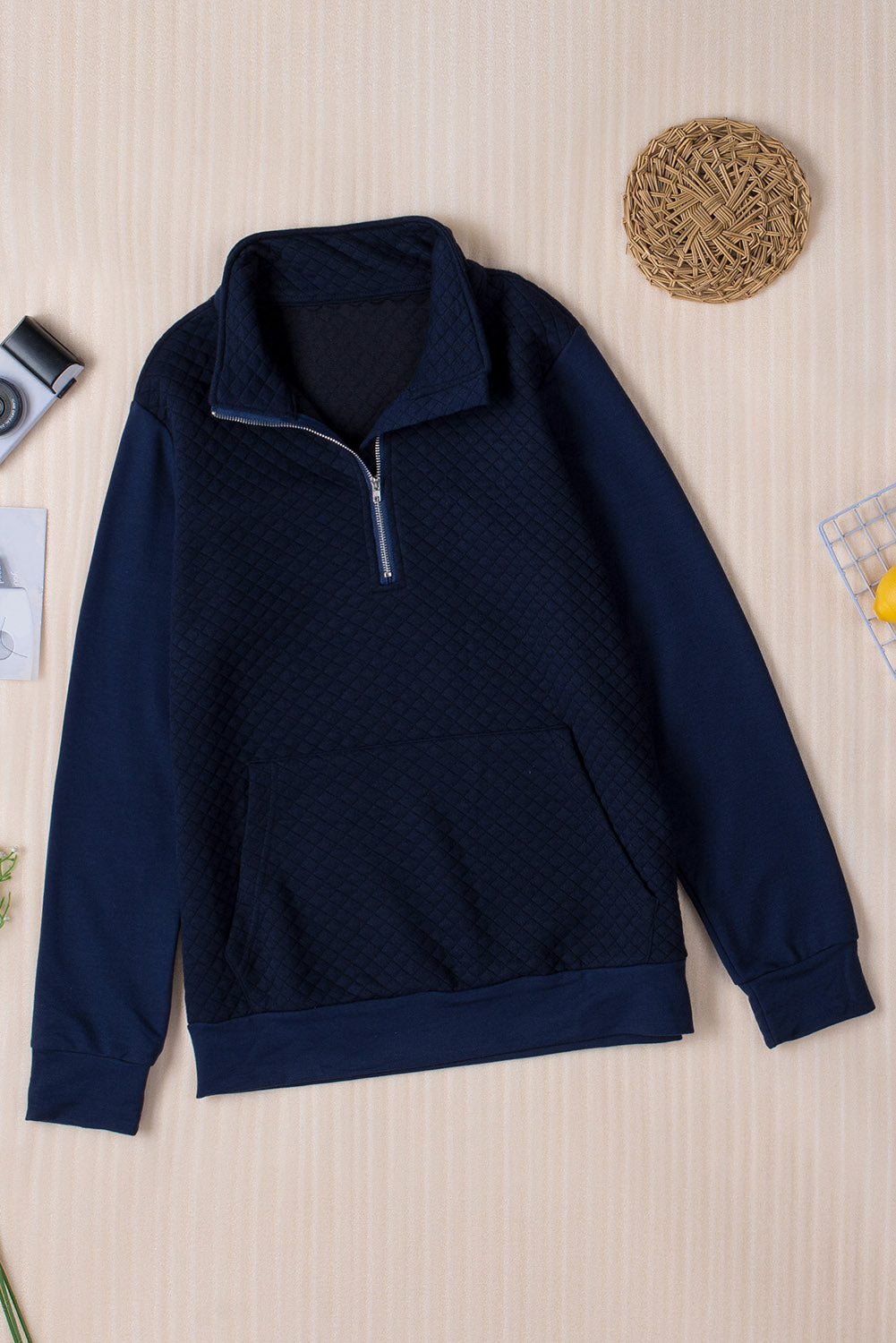 Stand Neck Waffle Zip up Sweatshirt