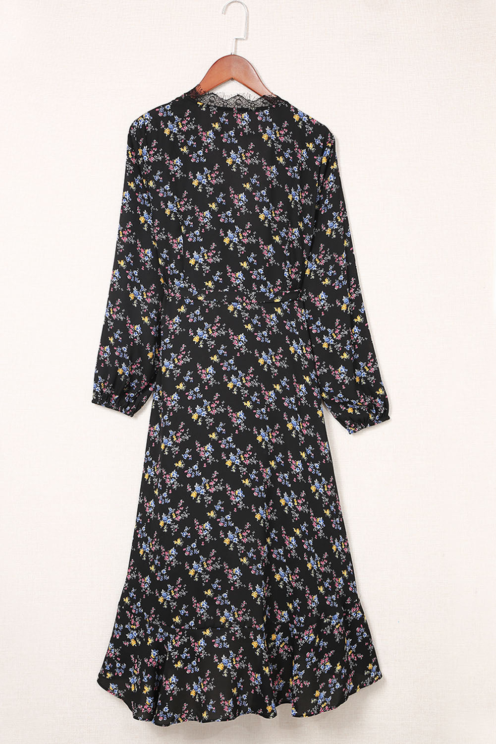 Black Wrap Eyelash V Neckline Long Sleeves Floral Dress
