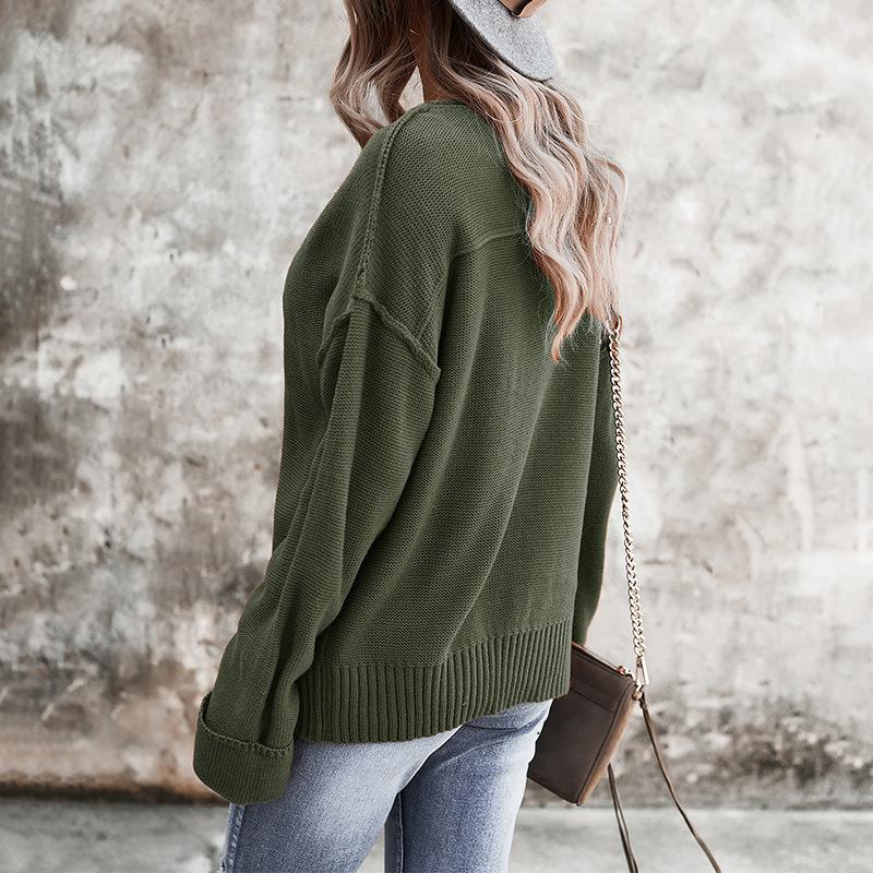 Fall and winter temperament commuter solid color V-neck long-sleeved single-breasted sweater