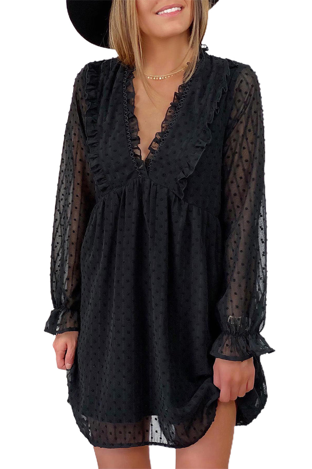 Swiss Dot Ruffle V Neck Mini Dress