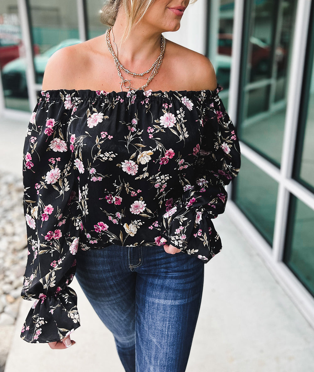 Black Floral Off Shoulder Plus Size Top