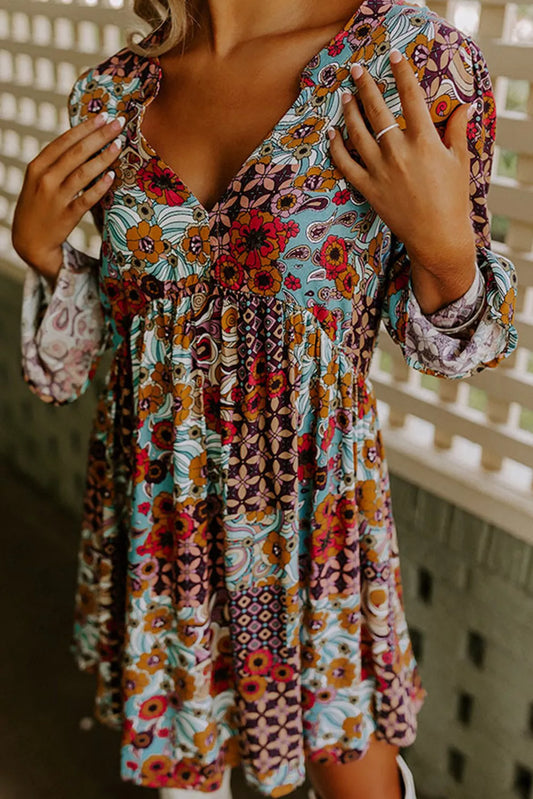 Sky Blue Floral V Neck Empire Waist Babydoll Dress