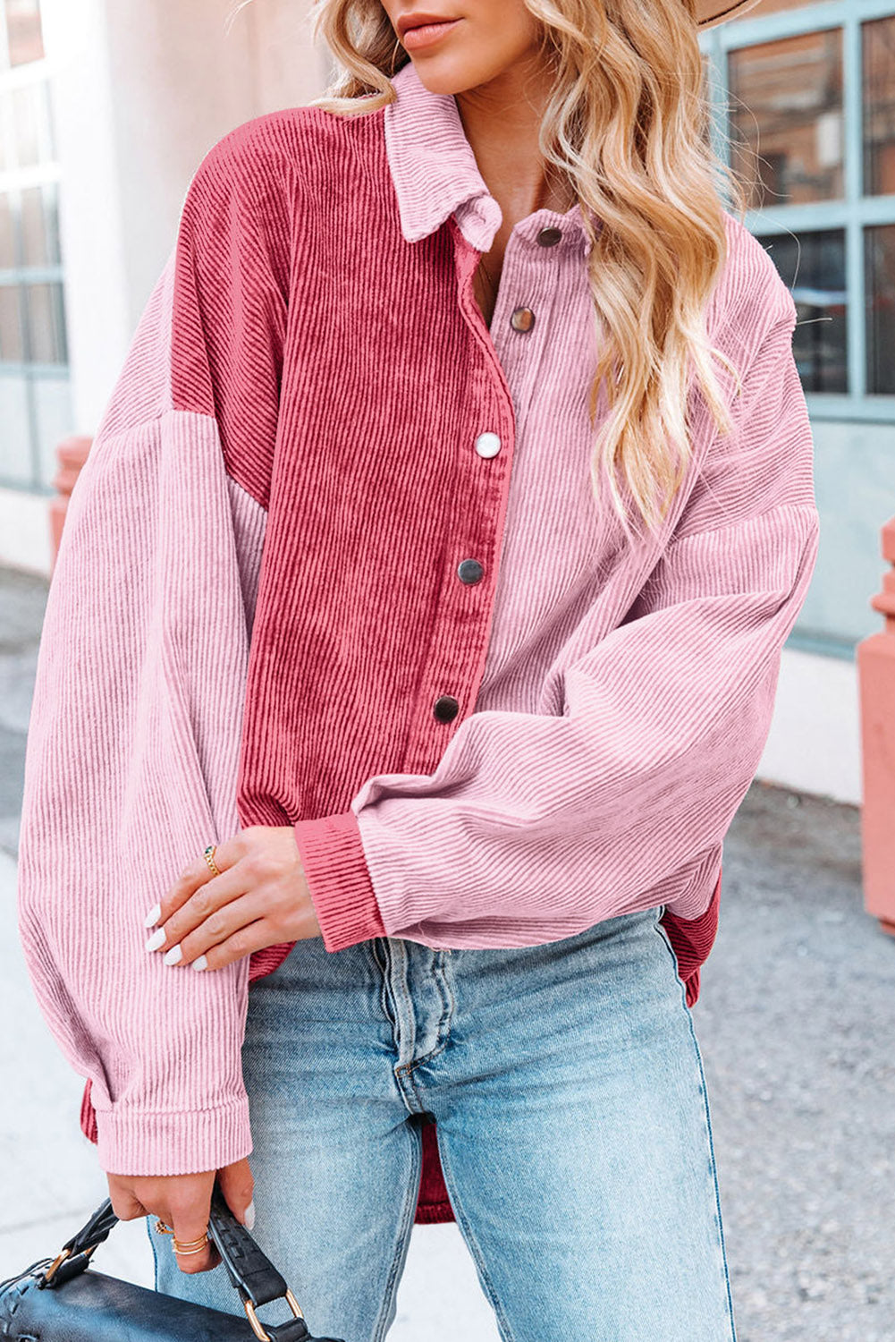 Drop Shoulder Colorblock Corduroy Shacket
