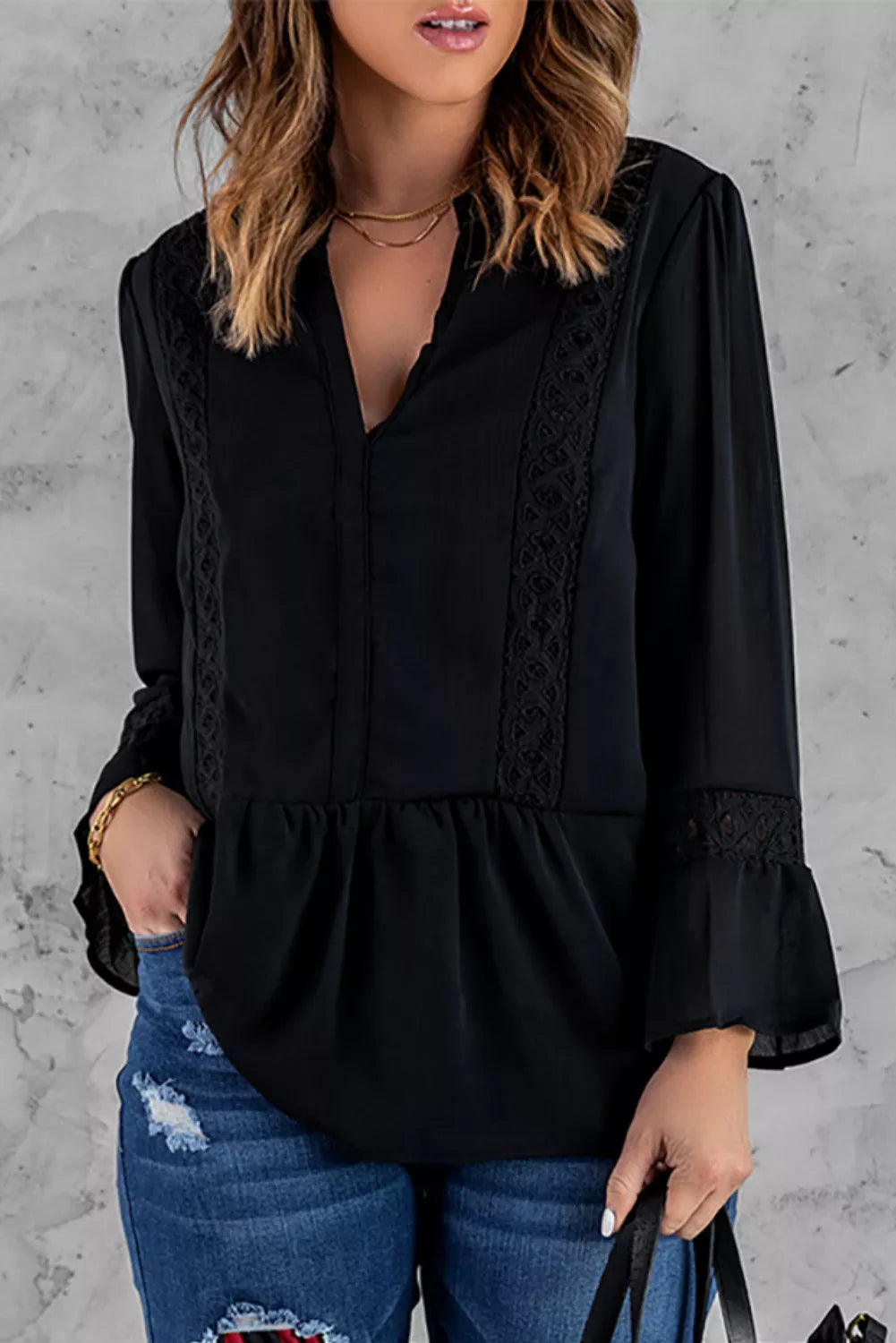Lace Ruffed Long Sleeve V Neck Shirt
