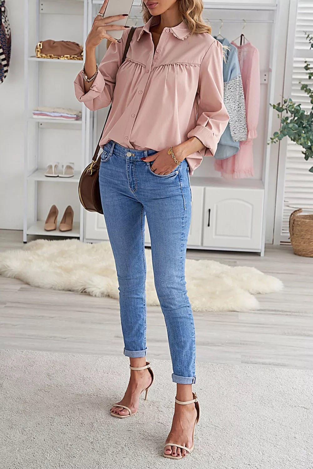 Plain Pleated Bust Cuffed Sleeves Shirt