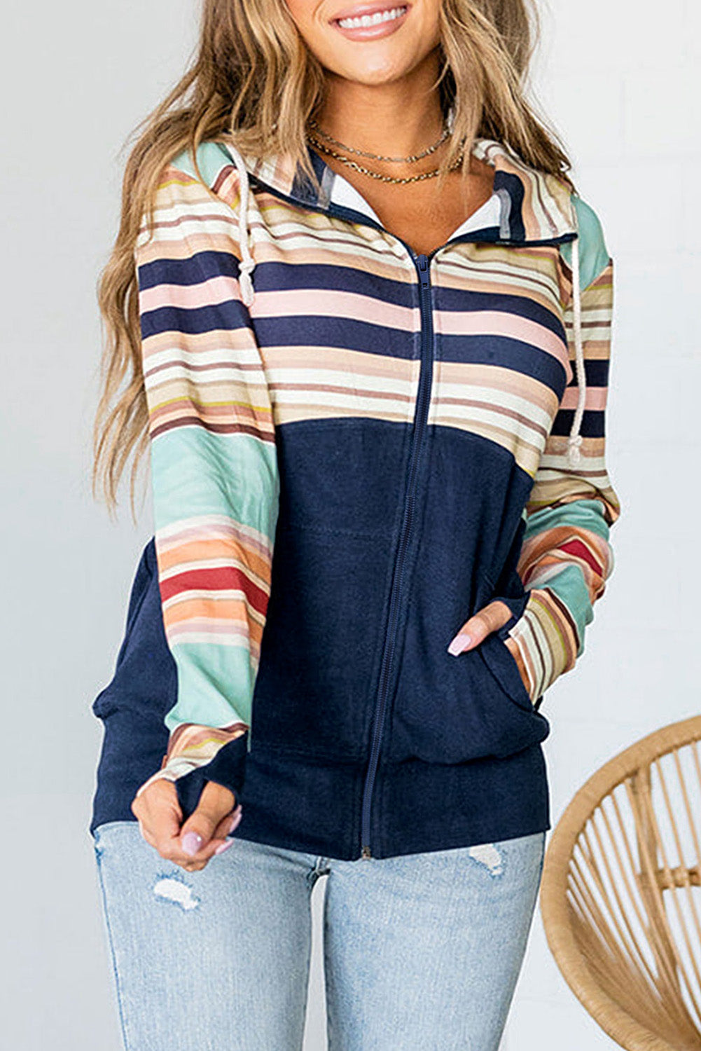 Striped Color Block Thumbhole Sleeve Full Zip Hoodie