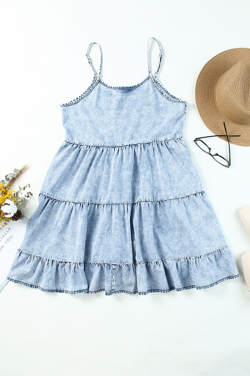 Sky Blue Adjustable Straps Tiered Ruffle Denim Dress