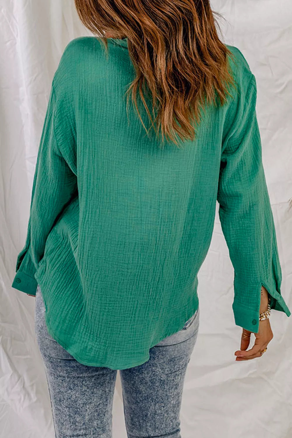 Green Textured Buttons Long Sleeve Shirt with Pocket