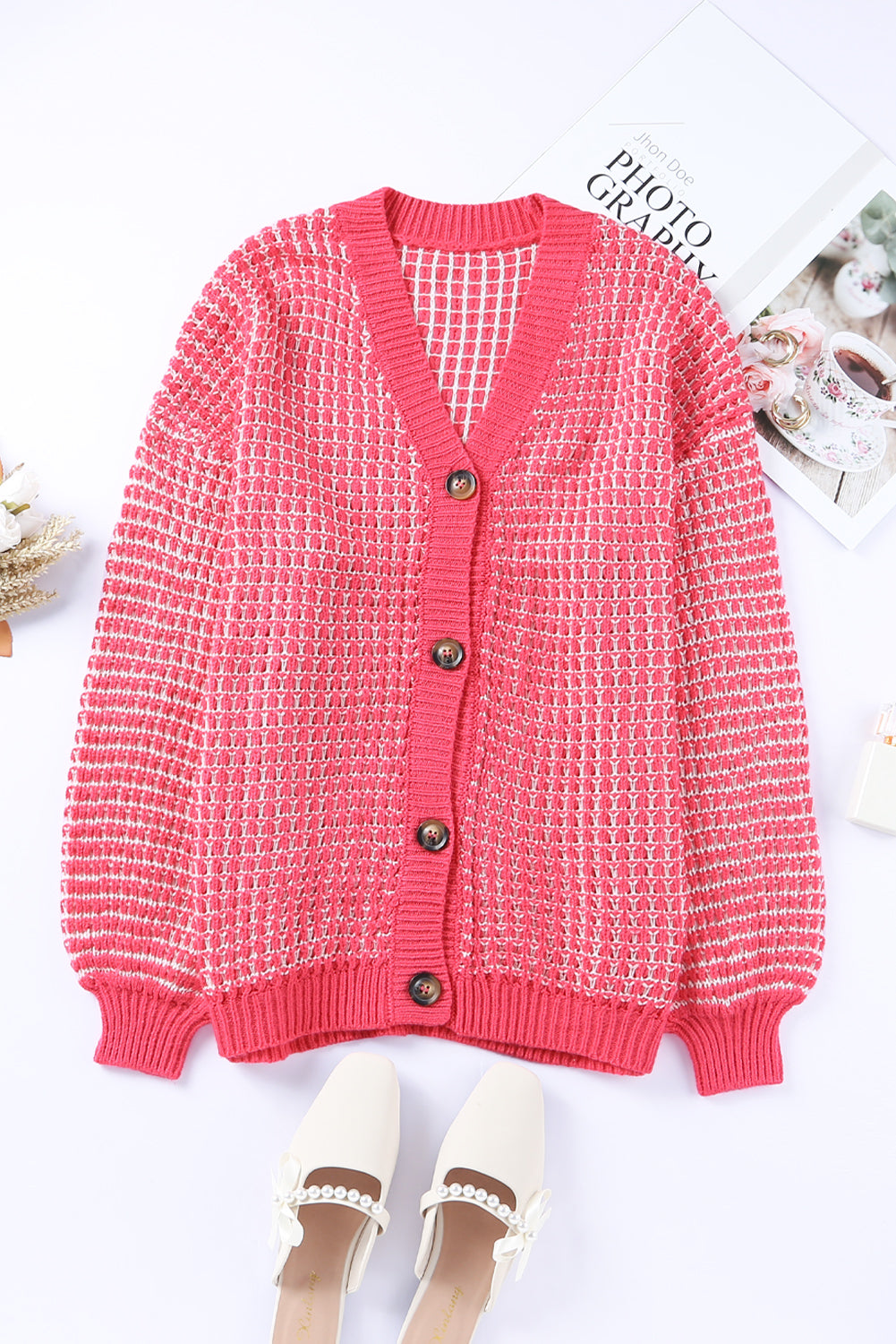 Pink V Neck Buttons Knit Cardigan