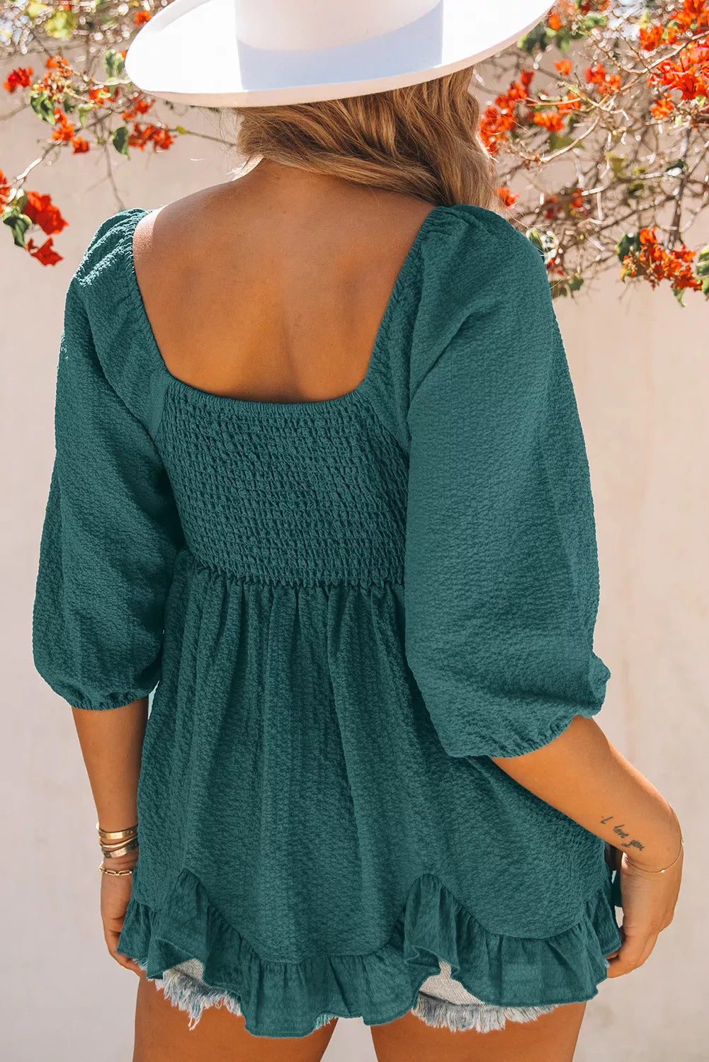Ruffled Smocked 3/4 Sleeve Square Neck Blouse