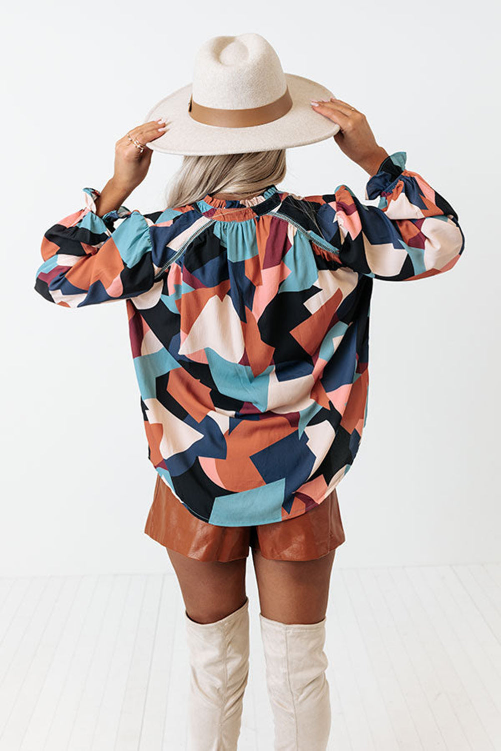 Geometric Patchwork Print Half Buttoned Blouse