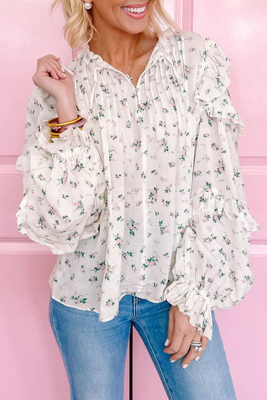 Tiered Ruffled Bishop Sleeve Floral Blouse