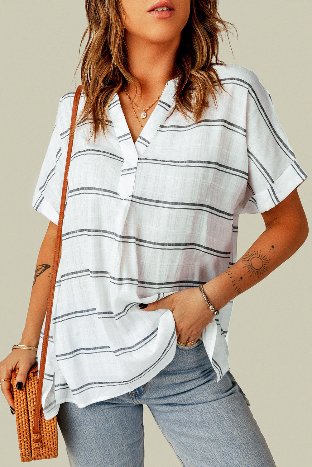 Print Loose V Neck Short Sleeve Shirt with Slits