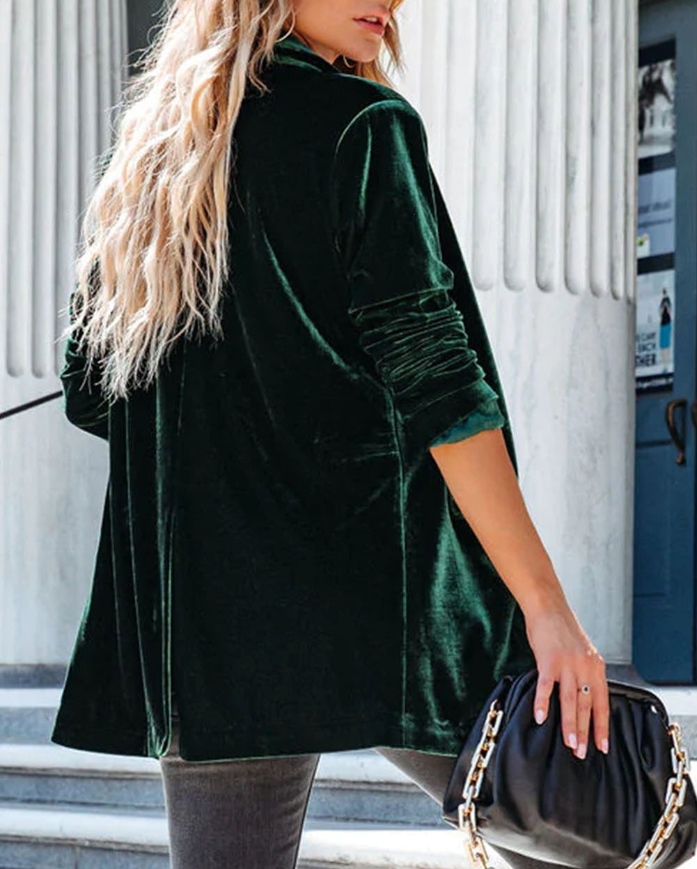 Green Casual Pocketed Velvet Blazer