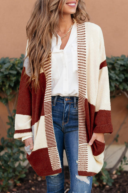Red Chunky Block Pattern Knit Open Front Cardigan