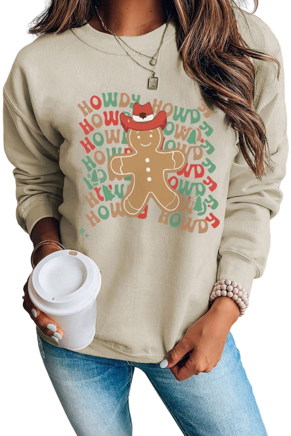 Khaki Howdy Gingerbread Man Print Long Sleeve Sweatshirt
