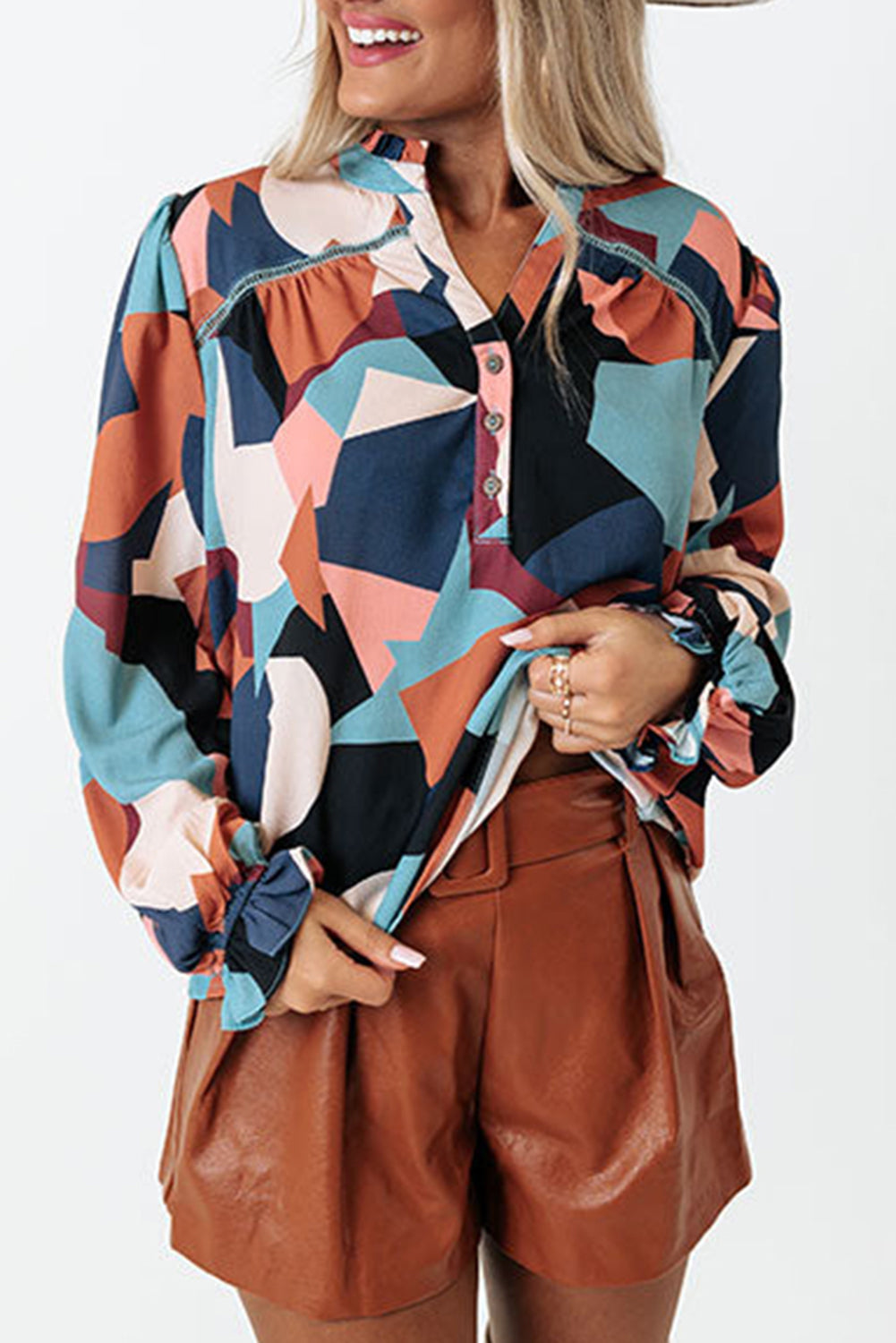 Geometric Patchwork Print Half Buttoned Blouse